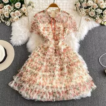 Летние женские сладкие сетчатые мини-платья принцессы с коротким тортом S