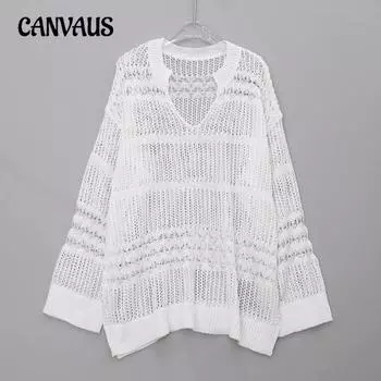 Летние женские солнцезащитные трикотажные накидки с длинными рукавами, свободные полые накидки средней длины One Size белый