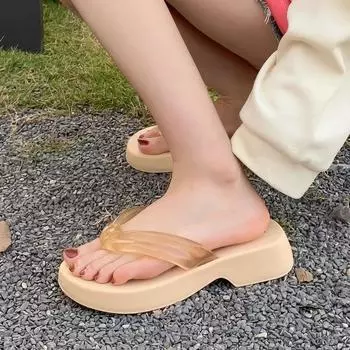 Летние женские современные тапочки для отдыха на открытом воздухе, пляжные шлепанцы, прозрачные прозрачные сандалии, модные шлепанцы на платформе, средний каблук EUR 35 красный