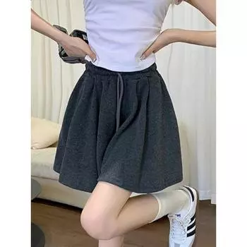 Летние женские спортивные шорты на шнурке с эластичной талией, свободного кроя, универсальная повседневная широкая юбка-брюки А-силуэта. S чёрный