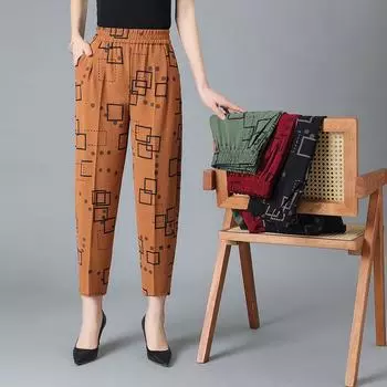 Летние женские свободные брюки-капри, повседневные брюки с высокой талией, тонкие прямые брюки с цветочным принтом длиной до икры, пляжные брюки XXXXXL чёрный