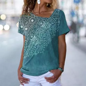 Летние женские свободные футболки для пар, модные женские топы с нерегулярным вырезом и короткими рукавами, повседневные футболки с 3D цветочным принтом XL