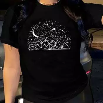 Летние женские свободные футболки с круглым вырезом и короткими рукавами из чистого хлопка с принтом «Горное звездное небо» для женщин S чёрный