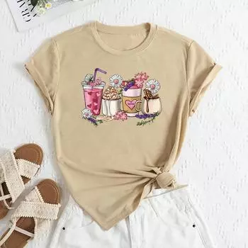 Летние женские свободные футболки с круглым вырезом и принтом из чистого хлопка с короткими рукавами для женщин S абрикосовый