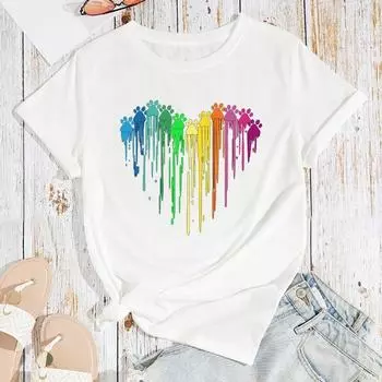 Летние женские свободные хлопковые футболки с цветным принтом в форме сердца больших размеров с круглым вырезом и короткими рукавами для женщин S чёрный