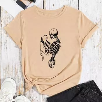 Летние женские свободные хлопковые футболки с принтом скелета кошки большого размера с круглым вырезом и короткими рукавами для женщин S светло-серый