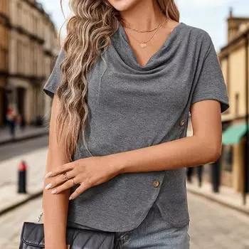 Летние женские свободные однотонные повседневные футболки с короткими рукавами S темно-серого