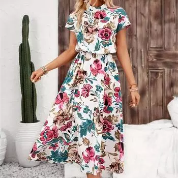 Летние женские свободные платья-миди с цветочным принтом и воротником-стойкой с короткими рукавами S белый