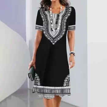 Летние женские свободные платья Винтажная геометрия Платья с короткими рукавами Праздничная повседневная юбка А-силуэта Дизайнерский национальный костюм S