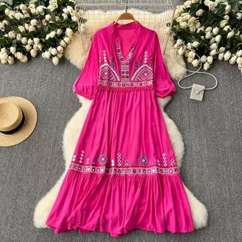 Летние женские свободные пляжные длинные платья с вышивкой one size жёлтый