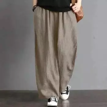 Летние женские свободные повседневные брюки из хлопка и льна, женские мешковатые винтажные шаровары, спортивные брюки с высокой талией 7XL чёрный
