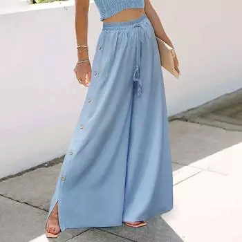 Летние женские свободные повседневные брюки с поясом на пуговицах M небесно-голубой