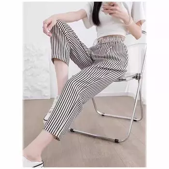 Летние женские свободные повседневные брюки с высокой талией в вертикальную полоску, удобные дышащие, с эластичным поясом на талии, повседневные зауженные укороченные брюки XXXL белый/чёрный