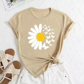 Летние женские свободные повседневные футболки из чистого хлопка с принтом бабочки и маргаритки с короткими рукавами и круглым вырезом для женщин S абрикосовый
