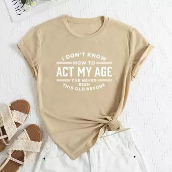 Летние женские свободные повседневные футболки с короткими рукавами из чистого хлопка с круглым вырезом и буквенным принтом S абрикосовый