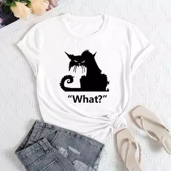 Летние женские свободные повседневные футболки с короткими рукавами из чистого хлопка с принтом кошки с круглым вырезом для женщин S белый