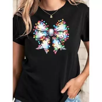 Летние женские свободные повседневные футболки с круглым вырезом и короткими рукавами из чистого хлопка с рождественским принтом S