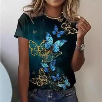 Летние женские свободные повседневные футболки с круглым вырезом и короткими рукавами с 3D-принтом S