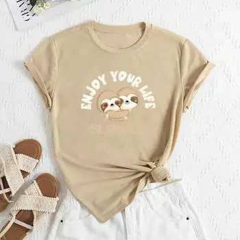 Летние женские свободные повседневные футболки с круглым вырезом и принтом обезьяны из чистого хлопка с короткими рукавами для женщин S абрикосовый