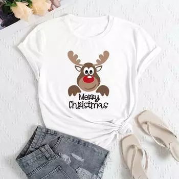 Летние женские свободные повседневные футболки с круглым вырезом и принтом оленей из чистого хлопка с короткими рукавами для женщин S белый