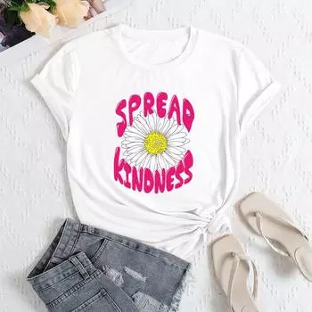 Летние женские свободные повседневные футболки с круглым вырезом и принтом дикой хризантемы из чистого хлопка с короткими рукавами для женщин S белый