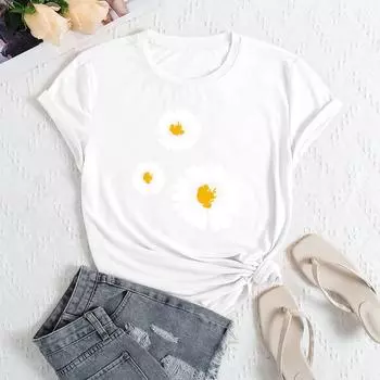 Летние женские свободные повседневные футболки с круглым вырезом и принтом «Три ромашки» из чистого хлопка с короткими рукавами для женщин S белый