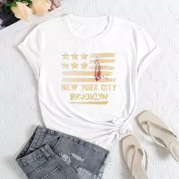 Летние женские свободные повседневные футболки с круглым вырезом из чистого хлопка с принтом в виде букв и звезд, с короткими рукавами для женщин S белый