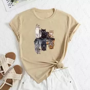 Летние женские свободные повседневные хлопковые футболки с короткими рукавами и принтом «Три кота» с круглым вырезом для женщин S абрикосовый
