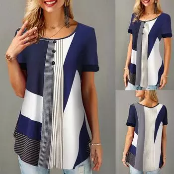 Летние женские свободные повседневные печатные шею с короткими рукавами плюс размер футболки летние топы S