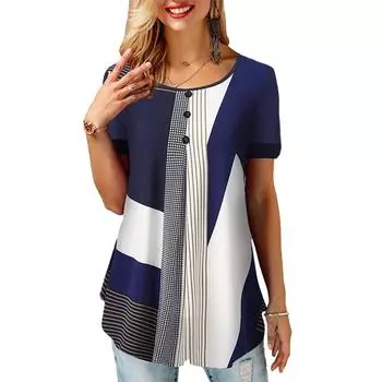 Летние женские свободные повседневные топы, корейские женские полосатые сетчатые принты с круглым вырезом и короткими рукавами, большие размеры, шифоновые футболк... S синий