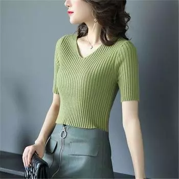 Летние женские свободные повседневные топы, однотонные женские шифоновые футболки с v-образным вырезом и короткими рукавами, большие размеры для мамы M зелёный