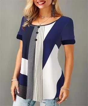 Летние женские свободные повседневные топы женские полосатые сетчатые принтованные О-образные вырезы короткие рукава Большие размеры Мамочки шифоновые футболки S синий