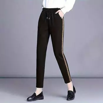 Летние женские свободные прямые повседневные брюки с высокой талией и широкими штанинами S чёрный