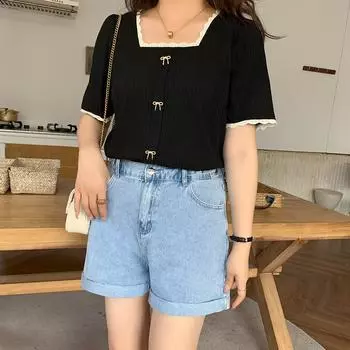 Летние женские свободные утягивающие брюки с высокой талией из эластичного денима с широкими штанинами 2XL синий