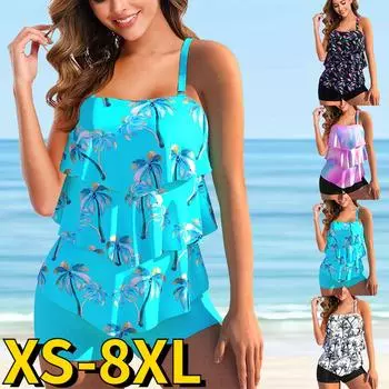 Летние женские танкини сексуальные монокини пляжная одежда с 3D принтом плавки с высокой талией комплект из двух предметов модный купальник свободные купальники S чёрный