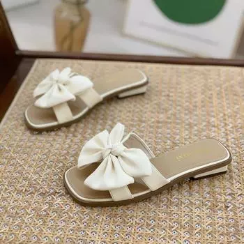 Летние женские тапочки 2025 Новые с квадратным носком, с открытым носком, сандалии с бантом, дышащие, повседневные, однотонные, модные женские тапочки Zapatos Mujer 35 бежевый