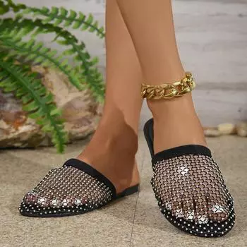 Летние женские тапочки большого размера с полыми носками, модные сексуальные туфли на плоской подошве с водными бриллиантами, женские повседневные сандалии с круглым носком Zapatos De Mujer 36 чёрный