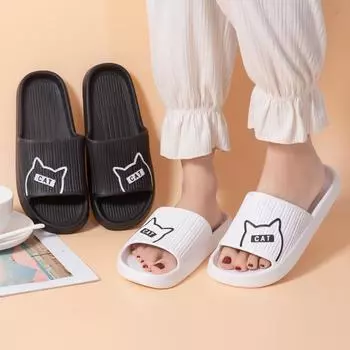 Летние женские тапочки для ванны, нескользящие домашние шлепанцы на толстой платформе с изображением кота, пляжные сандалии, женские шлепанцы 36-37