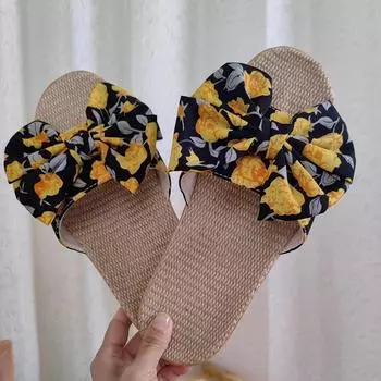 Летние женские тапочки из хлопка и льна с бантом 35 синий