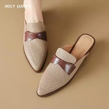 Летние женские тапочки из натуральной кожи, женские туфли с закрытым носком, на толстом каблуке, мюли, женские босоножки с открытой пяткой, элегантная обувь ручной работы 34 хаки