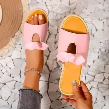 Летние женские тапочки, милые повседневные сандалии на плоской подошве с узлом-бабочкой, однотонные пляжные сандалии 36 чёрный