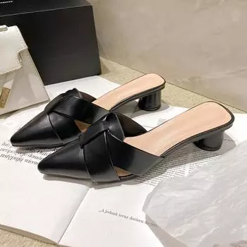 Летние женские тапочки, модная обувь высокого качества на круглом каблуке, повседневная однотонная женская обувь с острым носком, большие размеры 42 35