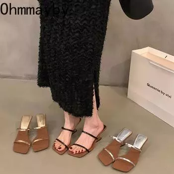 Летние женские тапочки, модные, элегантные, с узким ремешком, на толстом каблуке, женские, элегантные, для вечернего платья, сандалии, обувь 35 золотой