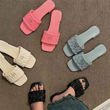 Летние женские тапочки Модные плиссированные юбки Сандалии Плоские каблуки Для отдыха на открытом воздухе Пляжные тапочки Удобные сандалии тапочки 40 розовый