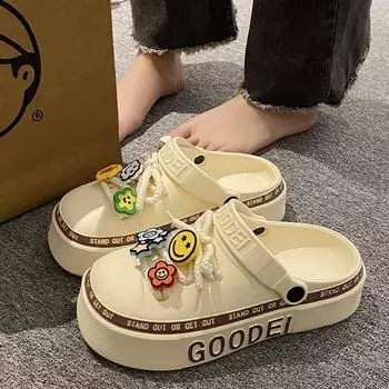 Летние женские тапочки, модные противоскользящие женские тапочки на толстой подошве Baotou, удобные пляжные тапочки с мягкой подошвой 36-37(fit 35-36) хаки