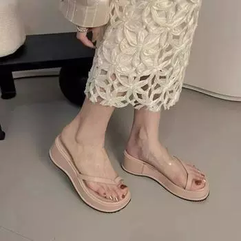 Летние женские тапочки на платформе 2024 года с открытым носком, женские прозрачные тапочки из ПВХ на танкетке, женская повседневная обувь, женские сандалии, шлепанцы 35