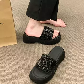 Летние женские тапочки на платформе, модные открытые шлепанцы, женская повседневная обувь для отдыха на пляже, сандалии на танкетке, шлепанцы, женская обувь 35 чёрный