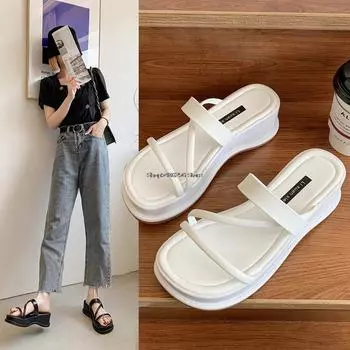 Летние женские тапочки на платформе с застежкой-молнией, женские повседневные туфли на танкетке, женские шлепанцы для вечеринок на открытом воздухе, белые сандалии Mujer Size 35(foot 22cm)