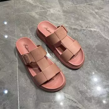 Летние женские тапочки на плоской подошве, модные римские пляжные сандалии, студенты носят тапочки в форме буквы I на толстой подошве, производители 35 розовый