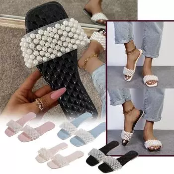 Летние женские тапочки на плоской подошве Sagit с жемчугом и открытым носком для повседневной пляжной обуви 37 чёрный